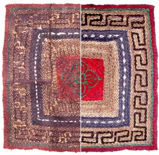 Tibet. Unique pile-less seating square woven in a very interesting and unusual knotting style, being either rural or nomadic work with primarily natural dyes, and un-dyed lustrous wool. The center square features  ...