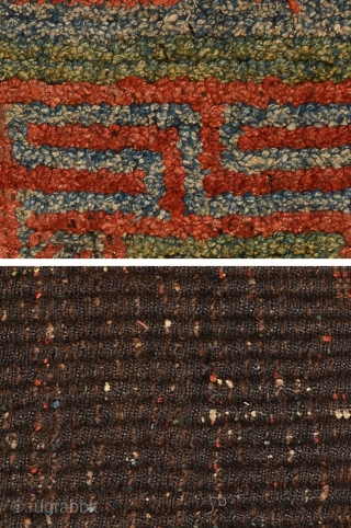 Beautiful Wangden warp-faced-back seating carpet from southern Tibet with thick pile and all natural red, green and light blue dyes with lovely abrash in the pile. The red main field design is  ...