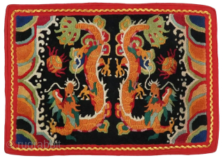 An uncommon, vintage, saddle carpet set (i.e. both under-saddle and over-saddle carpet; a makden and a masho) from Bhutan - but possibly made in Tibet, or by a Tibetan* - featuring double  ...