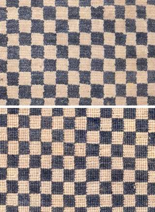 Naturally dyed Tibetan checkered khaden with small (approximately +/- 2cm x 2cm) blue and white squares; the blue of which is abrashed throughout. Hand-spun wool warp and weft, made circa 1900 and  ...