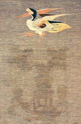 So-called 'Gansu-kilim' from China. This piece vividly displays the wood block print designs scattered throughout the natural undyed wool of the main-field, and is adorned by five Manchurian cranes which are woven  ...
