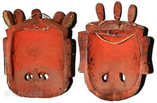 Pair of Bhutanese Mahakala (red and black) painted ceremonial dance masks, hand carved in the early part of the 1900’s. The rich glossy patina was accomplished over the years by liberal coatings  ...