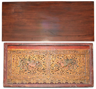 Folding ‘altar table’ that a Tibetan Lama (a Buddhist 'priest') would have taken with him on his travels to use when performing sacred rituals. Each ‘face’ (front and sides) is made of  ...