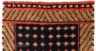 Finnish long pile woolen ryijy (pronounced roo-e-you), or 'rug' in English, woven circa 1850 or before in the traditional old rural style of two individual pieces of a ‘mirrored’ design joined /  ...