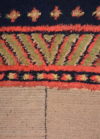 Finnish long pile woolen ryijy (pronounced roo-e-you), or 'rug' in English, woven circa 1850 or before in the traditional old rural style of two individual pieces of a ‘mirrored’ design joined /  ...