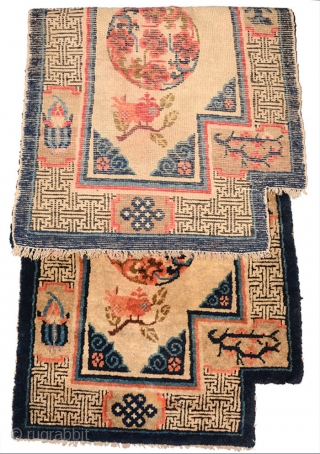 Beautiful late 19th century inner Mongolian (i.e. the Baotou - Suiyuan region) 'wasp-wasted' under-saddle carpet with all natural dyes in original ‘as found’ condition. ('Wasp-wasted' is a term used to denote a  ...