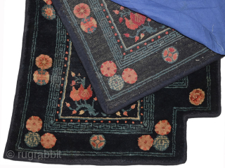Inner Mongolian under saddle carpet with soft velvety wool and excellent colours. Made circa 1900, the pile is thick and shiny, the warp and weft are of cotton and the size is  ...