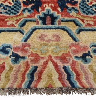 Tibetan Gyoyu or ‘throne back’. Tibetan lama’s throne back carpet featuring three five clawed dragons. The red colour could signify that it was used by a lama from one of the so-called  ...