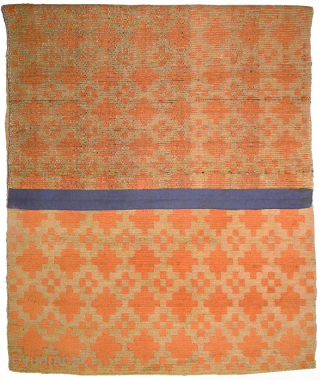 Two toned Tibetan khaden that uses a repeating ‘gau box’ (or amulet) motif as the design, with a mild abrash through both the orange and tan colours and which, given the predominate  ...