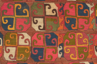 This kilim suzani from Central Asia is made of eight narrow strips of woollen warp-faced plain weave (circular photo, ultra close-up), first hand woven on a crude portable loom, then stitched horizontally ...