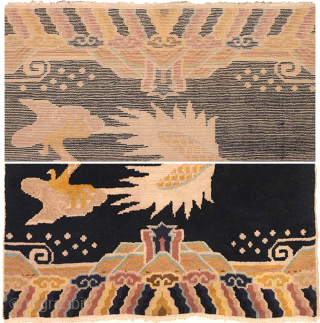 Chinese ‘pillar’ carpet made specifically to go around columns or ‘pillars’ in a Buddhist monastery. Here the golden scaled dragon is depicted chasing the Precious Jewel, with the dragons head and flowing  ...