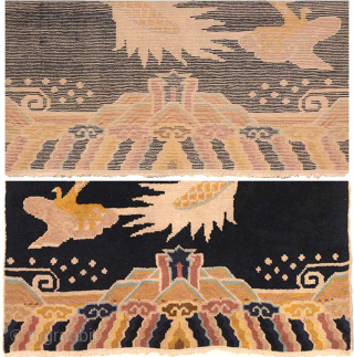 Chinese ‘pillar’ carpet made specifically to go around columns or ‘pillars’ in a Buddhist monastery. Here the golden scaled dragon is depicted chasing the Precious Jewel, with the dragons head and flowing ...