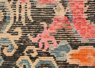 Tibetan seating carpet depicting a single front-facing five clawed dragon, being unusual in that it shows the dragon in profile, as opposed to 'side-on' as is more often the case. The size  ...
