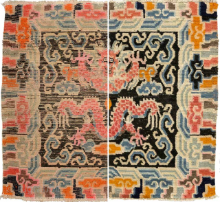 Tibetan seating carpet depicting a single front-facing five clawed dragon, being unusual in that it shows the dragon in profile, as opposed to 'side-on' as is more often the case. The size  ...