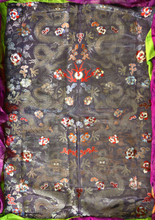 Six dragon Chinese-silk canopy from Tibet with gold and silver coloured threads, which was used for hanging over a seated Tibetan Buddhist lama or altar (see example photos lower row above). The  ...