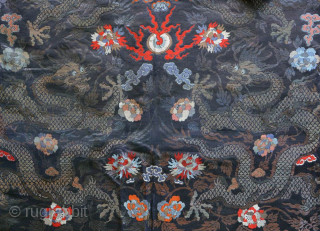 Six dragon Chinese-silk canopy from Tibet with gold and silver coloured threads, which was used for hanging over a seated Tibetan Buddhist lama or altar (see example photos lower row above). The  ...