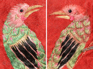 Elegant 19th century Chinese “Yue” embroidered* silk peacock banner using finely woven coloured silk threads, and wafer-thin silver encased silk threads, on a red silk panel. The super-fine embroidery and expert blending  ...