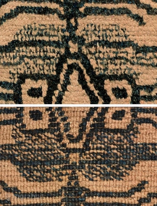 Impressive Tibetan masho or 'above-saddle' carpet portraying a tiger pelt, with a benign, almost 'pussy-cat' like face. The very light brown wool is un-dyed, while the tiger pelt design itself, which at  ...