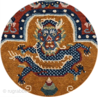 a rare Tibetan – that is, woven in Tibet with the Tibetan knot (not the more common Ningxia / 'Chinese' knotted type) - three dragon throne back-rest or 'seating-back' carpet made for  ...