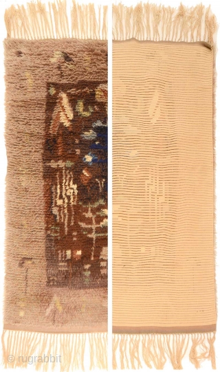 Finnish ryijy (or in Swedish 'rya') rug with totemic designs in the border and central rectangle and silk highlights in the white ‘splashes’ (see lower row center photo). Ryijy's / rya's are  ...