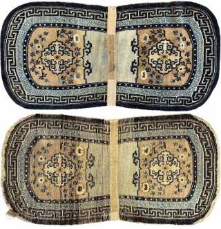 Attractive oval shaped Tibetan under-saddle carpet (makden) with mandala-like medallions, surrounded by simple floral displays, a secondary border with the lovely 'rice grain' pattern and a main outer border with the 'running ...