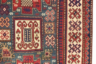 Antique kazak rug with remarkable design in excellent condition. Karachopf long rug elements along with a pair of large elegantly dressed people. Allover good even pile with good edges and ends. All  ...