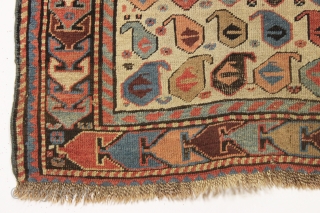 antique akstafa prayer rug. Well drawn older example of the type with excellent natural colors. "As found", very dirty with scattered wear and edge roughness as shown. Priced accordingly. Good age ca.  ...