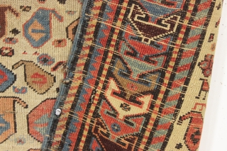 antique akstafa prayer rug. Well drawn older example of the type with excellent natural colors. "As found", very dirty with scattered wear and edge roughness as shown. Priced accordingly. Good age ca.  ...