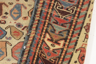 antique akstafa prayer rug. Well drawn older example of the type with excellent natural colors. "As found", very dirty with scattered wear and edge roughness as shown. Priced accordingly. Good age ca.  ...