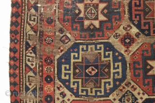 early caucasian rug with archaic drawing. New England find. Moghan? Karrabaugh? Zakatala? "as found", very very dirty with extensive wear and areas of damage as shown. Who knows what it will look  ...