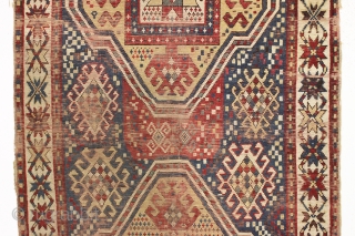 antique large kazak rug with an interesting design. Not a star kazak but a kazak with stars. "as found", very dirty and with scattered wear as shown. All good colors. Good age,  ...