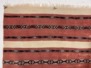 Antique turkman mixed technique ak chuval with good natural colors and very fine weave. Overall fair condition for the age with some wear, small patched spot of damage, couple small stains. Sides  ...