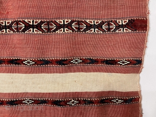 Antique turkman mixed technique ak chuval with good natural colors and very fine weave. Overall fair condition for the age with some wear, small patched spot of damage, couple small stains. Sides  ...