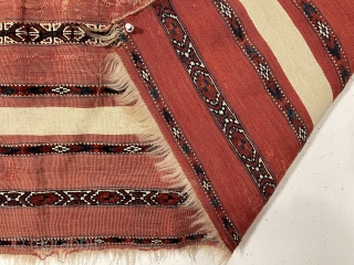 Antique turkman mixed technique ak chuval with good natural colors and very fine weave. Overall fair condition for the age with some wear, small patched spot of damage, couple small stains. Sides  ...