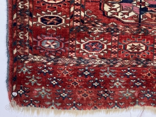 Antique small colorful tekke rug. All good colors and nice fine weave. Skirt or elem panels of different design at each end, a trait I associate with good age. Pile varies from  ...