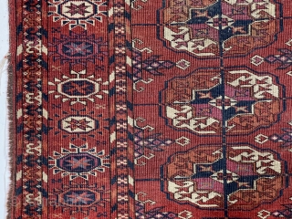 Antique small colorful tekke rug. All good colors and nice fine weave. Skirt or elem panels of different design at each end, a trait I associate with good age. Pile varies from  ...