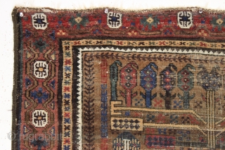 Antique baluch prayer rug. Interesting older example of an unusual design group. Wide range of all natural colors with very nice greens and blues. Areas of wear and with a small patch  ...