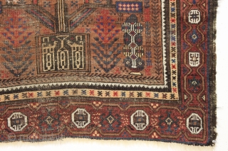 Antique baluch prayer rug. Interesting older example of an unusual design group. Wide range of all natural colors with very nice greens and blues. Areas of wear and with a small patch  ...