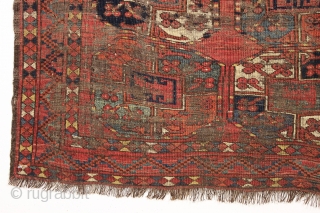 Antique ersari small main carpet with very nice greens. Interesting early looking drawing. Very coarse weave, some wefting appears to be cotton. Natural colors with good yellow highlights. Worn and abused but  ...