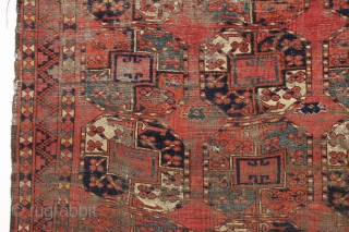 Antique ersari small main carpet with very nice greens. Interesting early looking drawing. Very coarse weave, some wefting appears to be cotton. Natural colors with good yellow highlights. Worn and abused but  ...