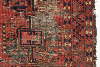 Antique ersari small main carpet with very nice greens. Interesting early looking drawing. Very coarse weave, some wefting appears to be cotton. Natural colors with good yellow highlights. Worn and abused but  ...