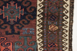 antique diminutive baluch rug in excellent condition with very nice electric blues. Great large scale design. Turkish knotted. Original selvages and end kelims. Good piece with good age, ca. 1880. Great size.  ...