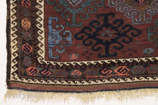 antique diminutive baluch rug in excellent condition with very nice electric blues. Great large scale design. Turkish knotted. Original selvages and end kelims. Good piece with good age, ca. 1880. Great size.  ...