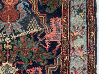 One more antique bidjar lion rug fragment. What you see is what you get. Thick thick bidjar weave. As found, not washed, wear and creases as shown. Pretty saturated colors. Last one.  ...