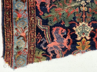 One more antique bidjar lion rug fragment. What you see is what you get. Thick thick bidjar weave. As found, not washed, wear and creases as shown. Pretty saturated colors. Last one.  ...