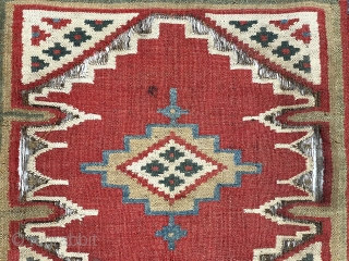 Antique small kelim fresh out of a New England home. Appears to be a Persian Shustar or bahktiari weaving. Lovely all natural colors including a rich tomato red, pretty yellow, deep green  ...