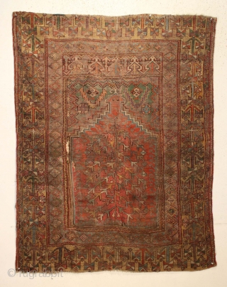 Antique Turkish prayer rug. Unusual and interesting border. Very dirty but appears to have terrific colors under all that grime. Beautiful grape purples, rich greens and clear yellow/golds.. Abused and damaged comdition.  ...