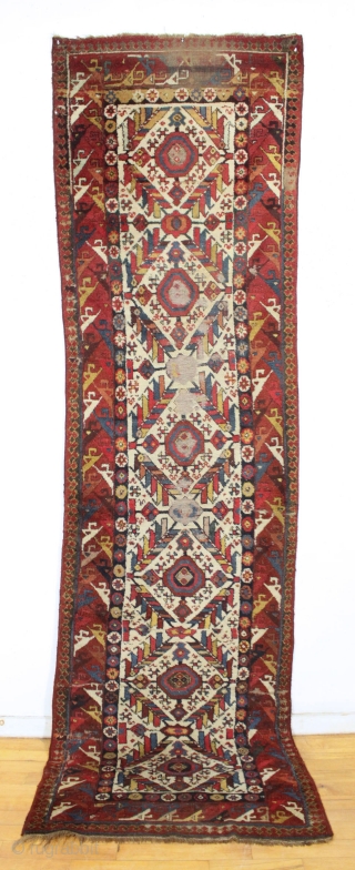 Antique large northwest persian kurdish rug. Extremely colorful example with thick high pile but years of dirt and several spots in need of restoration. All natural colors. Mostly wool foundation but some  ...