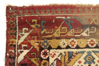 Antique large northwest persian kurdish rug. Extremely colorful example with thick high pile but years of dirt and several spots in need of restoration. All natural colors. Mostly wool foundation but some  ...