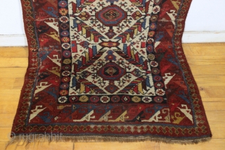 Antique large northwest persian kurdish rug. Extremely colorful example with thick high pile but years of dirt and several spots in need of restoration. All natural colors. Mostly wool foundation but some  ...